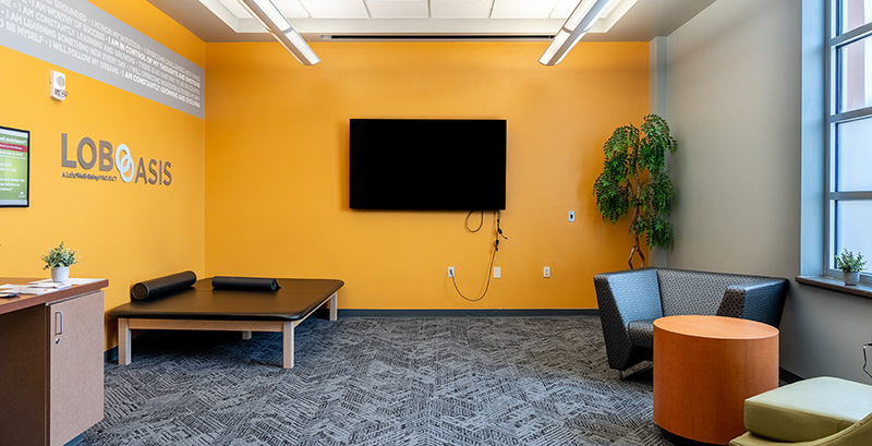 lobo oasis, a yellow room with a stretching table and chairs